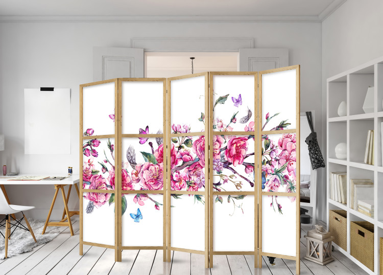 Folding Screen Flowers and Butterflies II (5-piece) - romantic pink cherry blossoms 134270 additionalImage 6