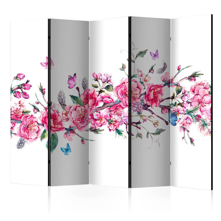 Folding Screen Flowers and Butterflies II (5-piece) - romantic pink cherry blossoms 134270