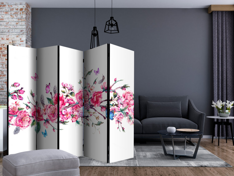 Folding Screen Flowers and Butterflies II (5-piece) - romantic pink cherry blossoms 134270 additionalImage 4