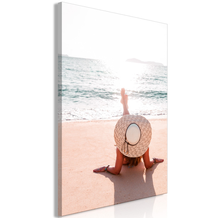Canvas Art Print Rest on the beach - Sea landscape with a woman in a hat 135870 additionalImage 2