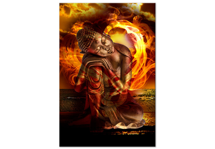 Canvas Art Print Sleeping statuette Buddha - Composition with fire in the background 135970