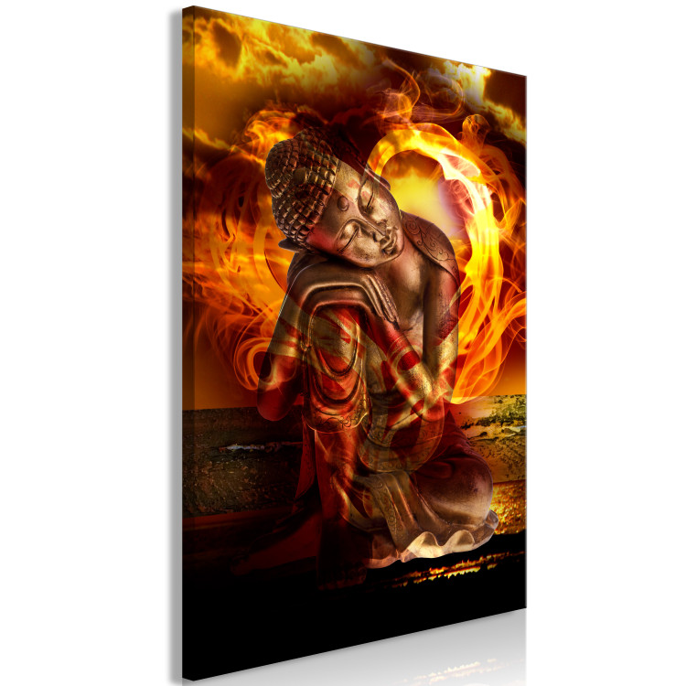 Canvas Art Print Sleeping statuette Buddha - Composition with fire in the background 135970 additionalImage 2