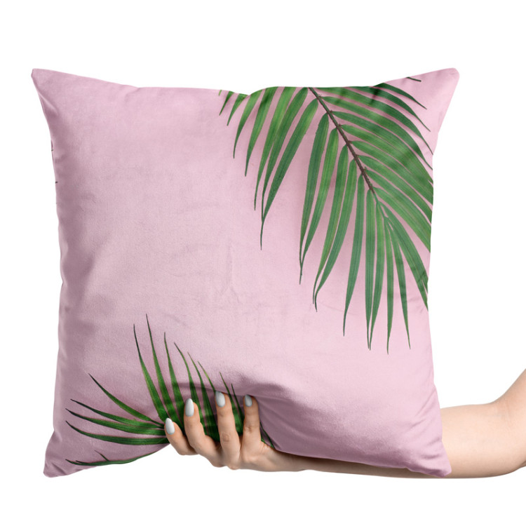 Decorative Velor Pillow Touch of palm trees - a minimal floral composition on a pink background 147070 additionalImage 2