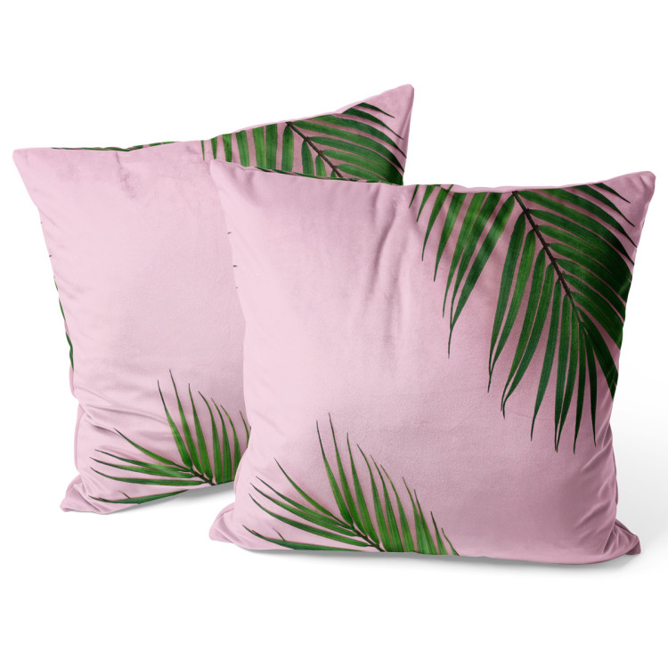 Decorative Velor Pillow Touch of palm trees - a minimal floral composition on a pink background 147070 additionalImage 3