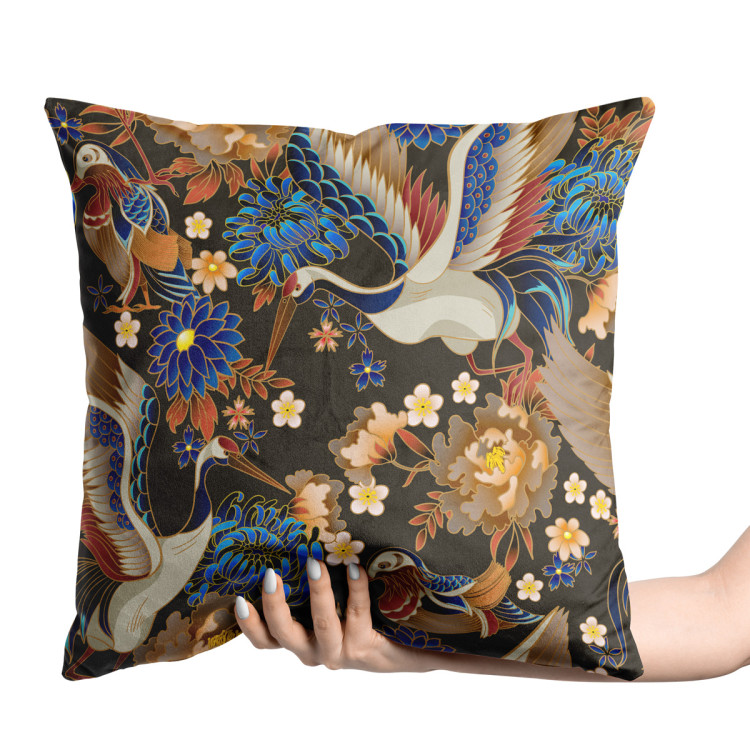 Decorative Velor Pillow Birdy paradise - pattern with multicoloured flowers on dark background 147270 additionalImage 3