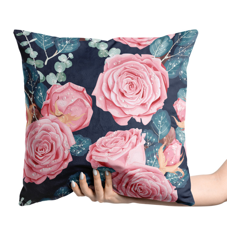 Decorative Velor Pillow The essence of delicacy - pink flowers and leaves on a dark background 147670 additionalImage 2