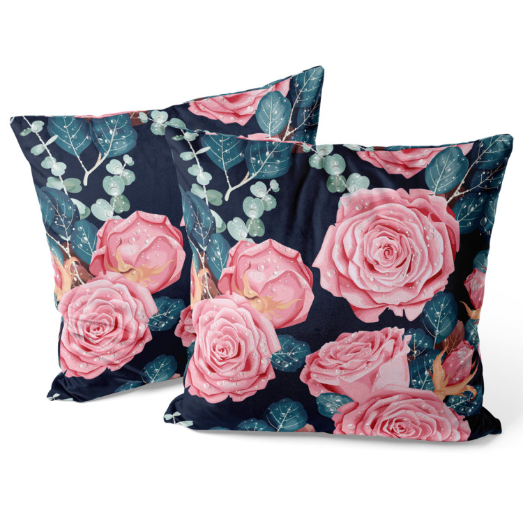 Decorative Velor Pillow The essence of delicacy - pink flowers and leaves on a dark background 147670 additionalImage 3