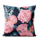 Decorative Velor Pillow The essence of delicacy - pink flowers and leaves on a dark background 147670