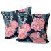 Decorative Velor Pillow The essence of delicacy - pink flowers and leaves on a dark background 147670 additionalThumb 3