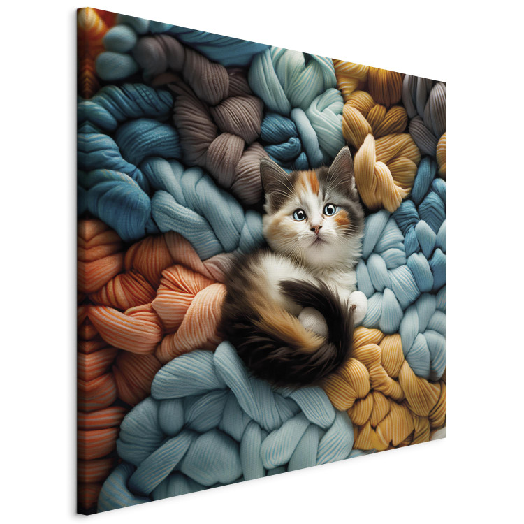 Canvas Print AI Calico Cat - Tortoiseshell Animal Resting on Bundles of Colorful Yarns - Square 150170 additionalImage 2