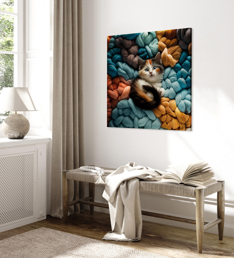 Canvas Print AI Calico Cat - Tortoiseshell Animal Resting on Bundles of Colorful Yarns - Square 150170 additionalImage 4