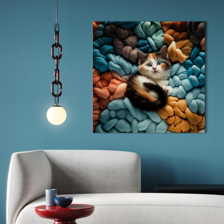 Canvas Print AI Calico Cat - Tortoiseshell Animal Resting on Bundles of Colorful Yarns - Square 150170 additionalImage 11