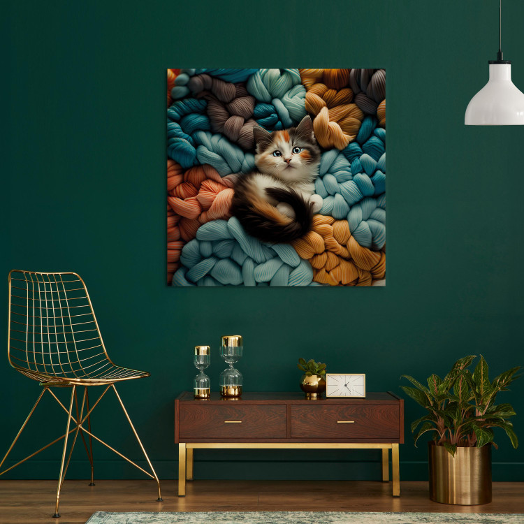 Canvas Print AI Calico Cat - Tortoiseshell Animal Resting on Bundles of Colorful Yarns - Square 150170 additionalImage 9