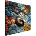 Canvas Print AI Calico Cat - Tortoiseshell Animal Resting on Bundles of Colorful Yarns - Square 150170 additionalThumb 2
