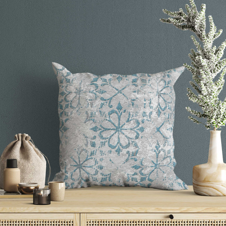 Decorative Microfiber Pillow Floral Ornament - Blue Pattern on Textural Gray Background 151370 additionalImage 2