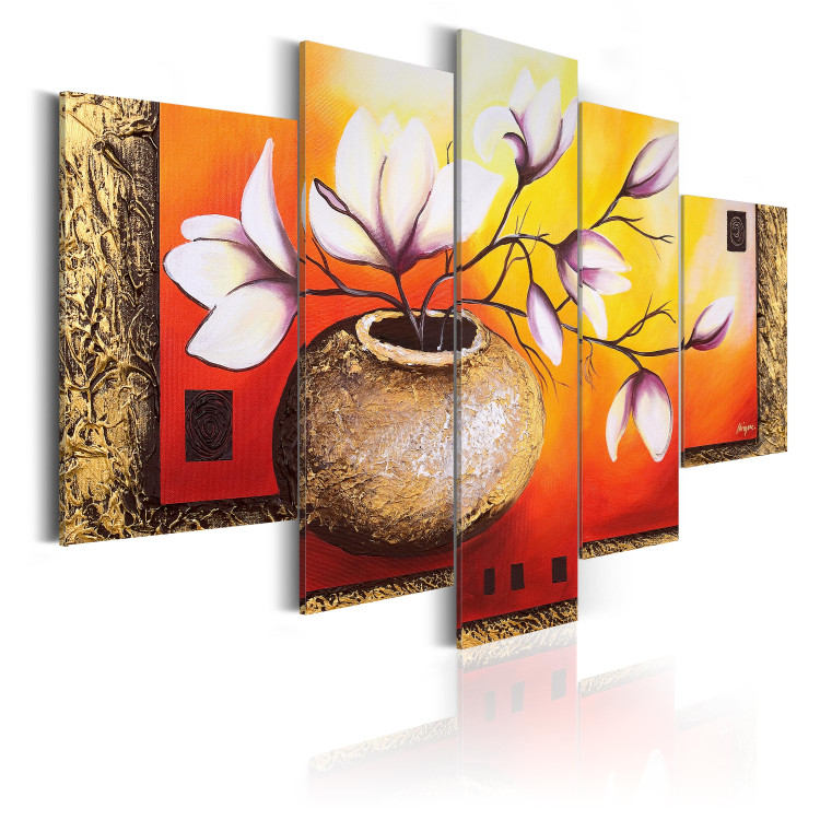 Canvas Jug with Magnolias (5-piece) - Delicate flowers on a fancy background 48470 additionalImage 2