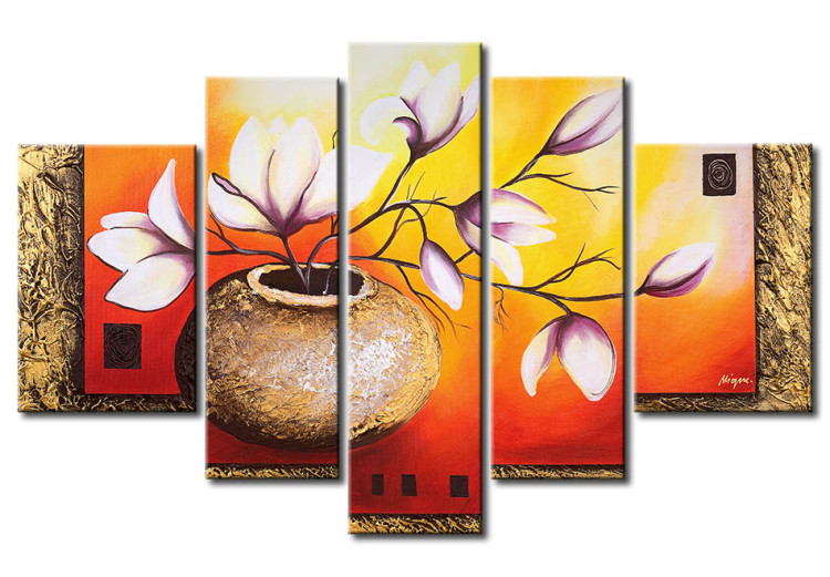 Canvas Jug with Magnolias (5-piece) - Delicate flowers on a fancy background 48470