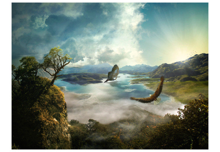 Photo Wallpaper Fantasy - Green Mountains with Birds Flying over a Blue Lake 60170 additionalImage 1