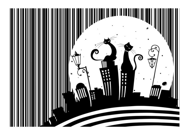 Photo Wallpaper Cats at Night - Black and white abstraction with cats on roofs for children 61270 additionalImage 1
