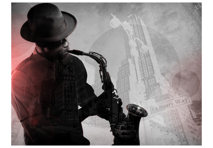 Wall Mural Frontman - Musician playing saxophone against the backdrop of New York skyscrapers 61370 additionalImage 1