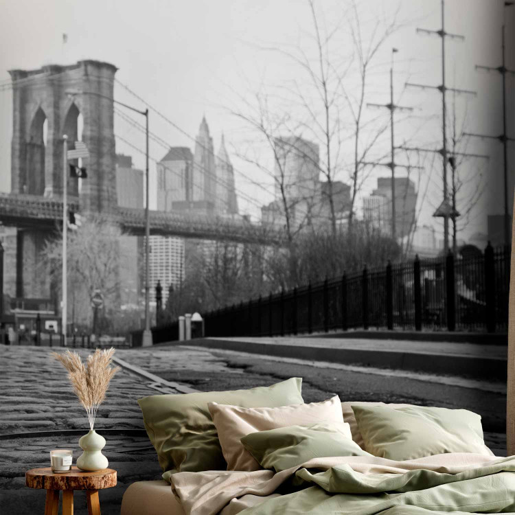 Photo Wallpaper New York in Grayscale - Architecture against the Background of the Brooklyn Bridge 61570 additionalImage 2