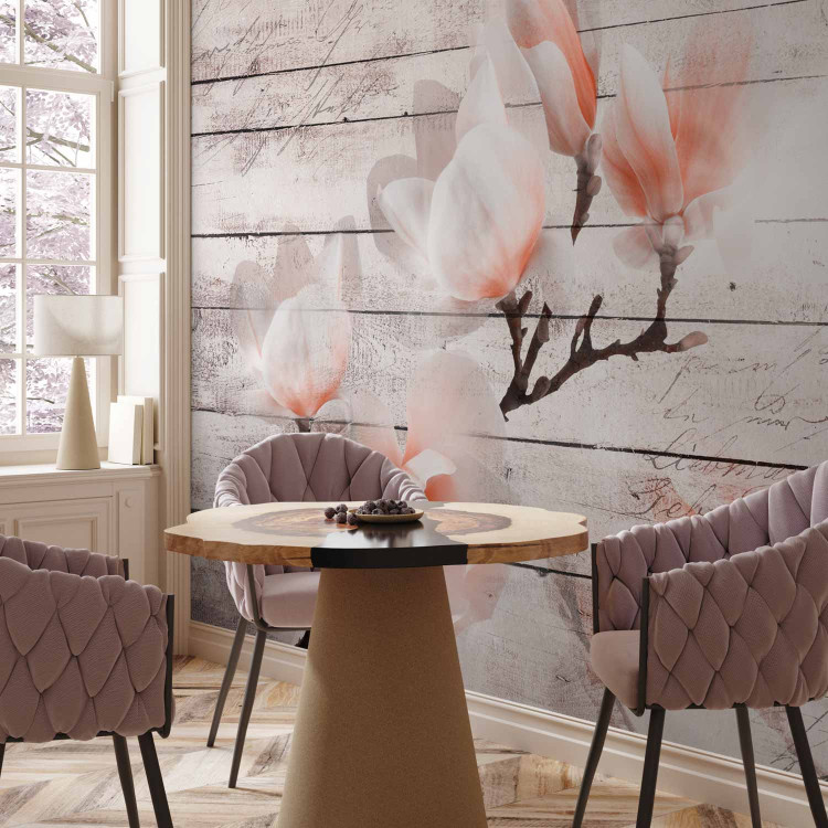 Wall Mural Delicacy of magnolia - orange and white flower against white boards 62470 additionalImage 7