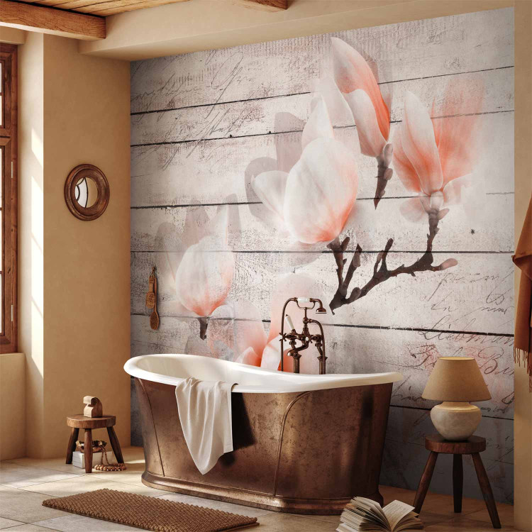Wall Mural Delicacy of magnolia - orange and white flower against white boards 62470 additionalImage 8
