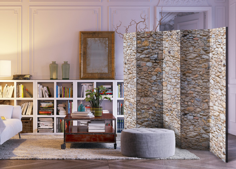 Folding Screen Pebbles II - beige texture of a stone wall with architectural motif 95470 additionalImage 2