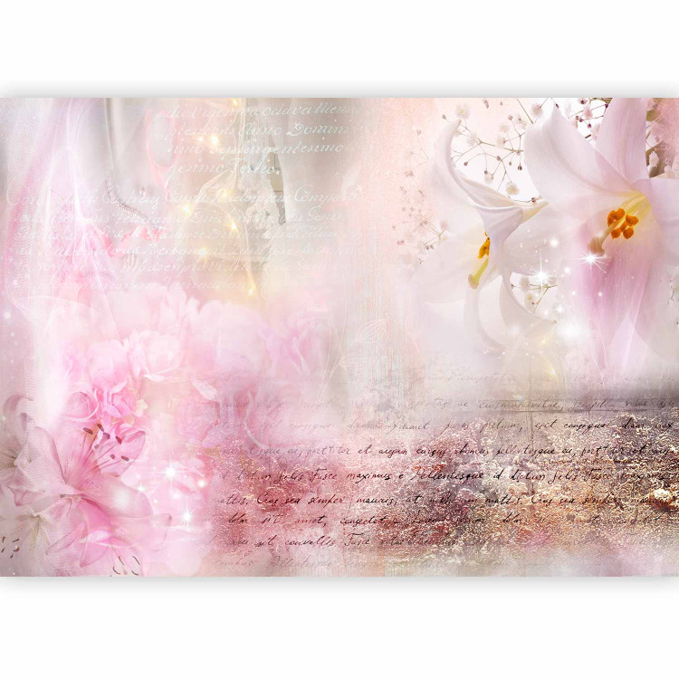 Photo Wallpaper Lilies - abstract with motif of flowers in shades of pink and inscriptions 106580 additionalImage 1