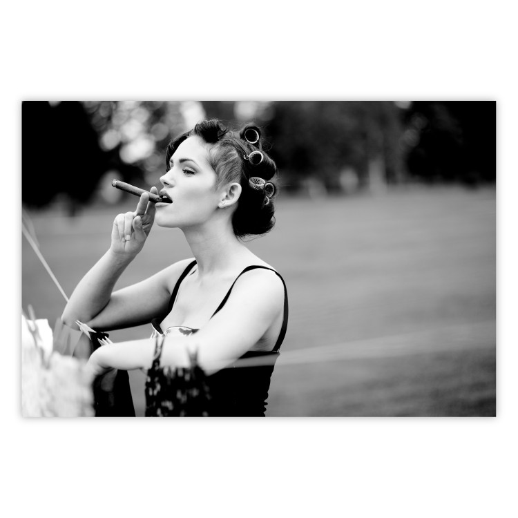 Wall Poster Woman with Cigar - black and white composition with a smoking young woman 114580