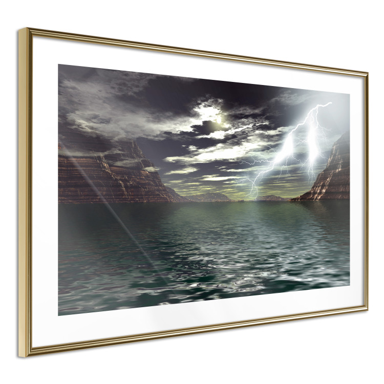 Wall Poster Storm over the Lake - landscape of lightning from the sky over water with mountains in the background 123480 additionalImage 6
