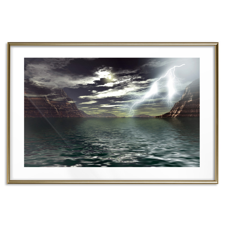 Wall Poster Storm over the Lake - landscape of lightning from the sky over water with mountains in the background 123480 additionalImage 14