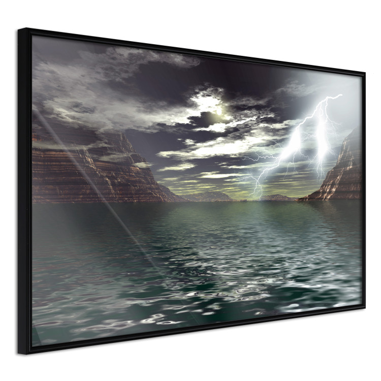 Wall Poster Storm over the Lake - landscape of lightning from the sky over water with mountains in the background 123480 additionalImage 10