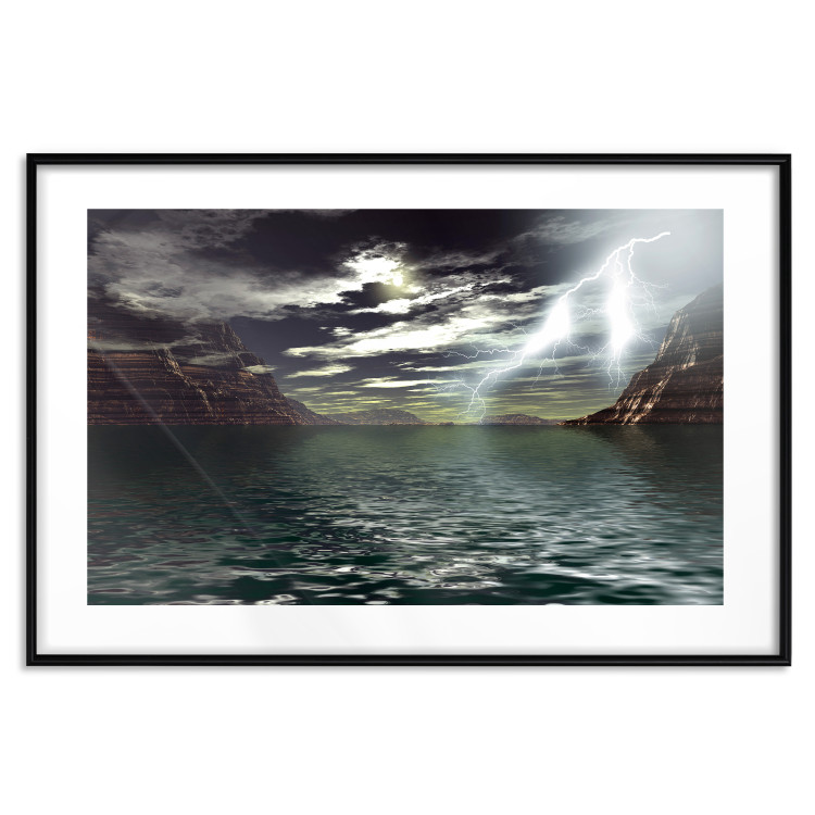 Wall Poster Storm over the Lake - landscape of lightning from the sky over water with mountains in the background 123480 additionalImage 15