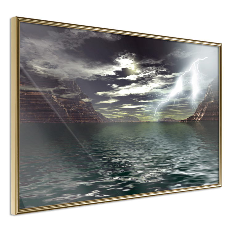 Wall Poster Storm over the Lake - landscape of lightning from the sky over water with mountains in the background 123480 additionalImage 12
