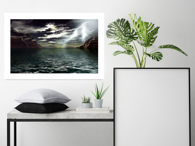 Wall Poster Storm over the Lake - landscape of lightning from the sky over water with mountains in the background 123480 additionalImage 2
