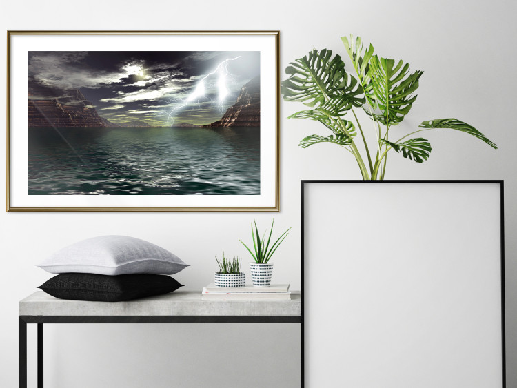 Wall Poster Storm over the Lake - landscape of lightning from the sky over water with mountains in the background 123480 additionalImage 13