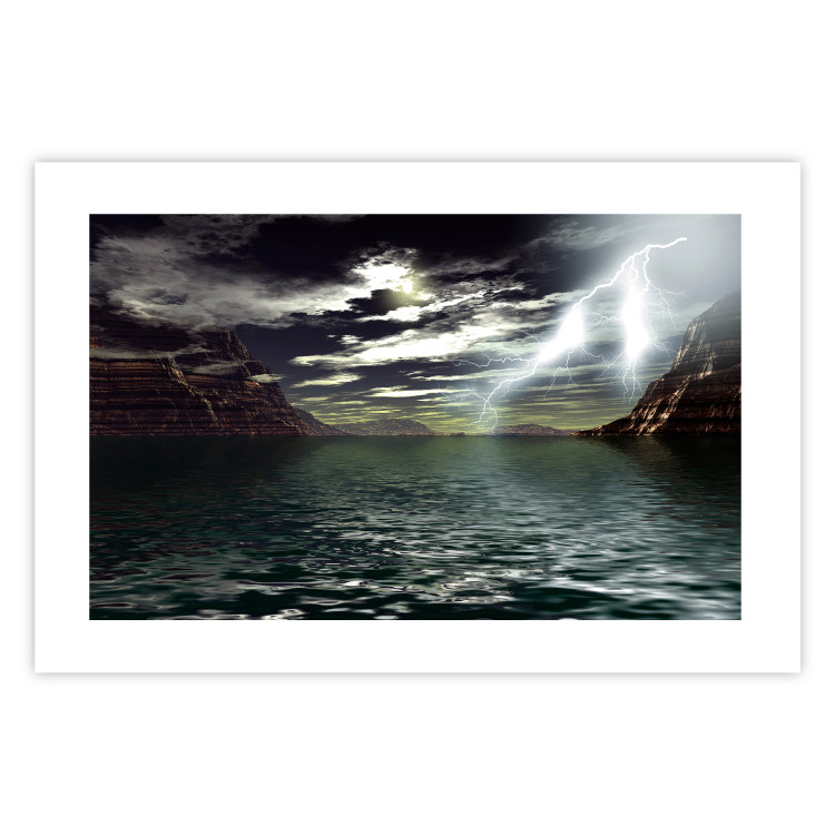 Wall Poster Storm over the Lake - landscape of lightning from the sky over water with mountains in the background 123480 additionalImage 19