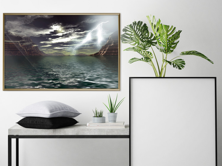 Wall Poster Storm over the Lake - landscape of lightning from the sky over water with mountains in the background 123480 additionalImage 5