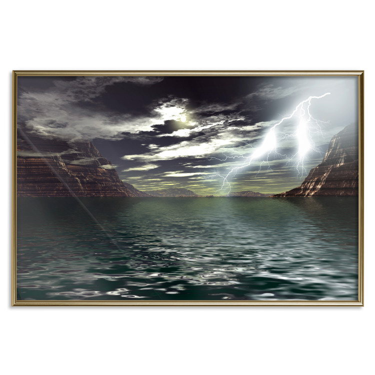 Wall Poster Storm over the Lake - landscape of lightning from the sky over water with mountains in the background 123480 additionalImage 16