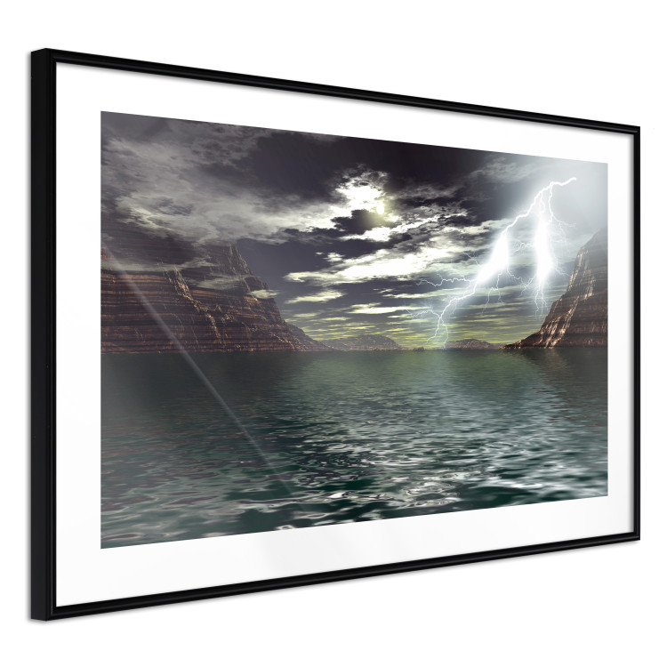 Wall Poster Storm over the Lake - landscape of lightning from the sky over water with mountains in the background 123480 additionalImage 11