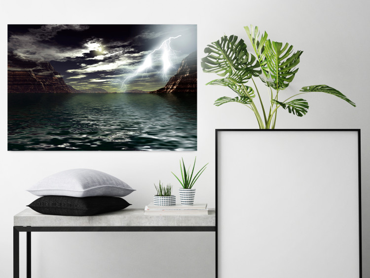 Wall Poster Storm over the Lake - landscape of lightning from the sky over water with mountains in the background 123480 additionalImage 17