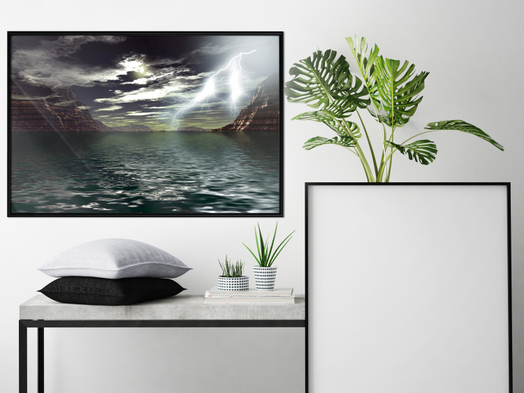 Wall Poster Storm over the Lake - landscape of lightning from the sky over water with mountains in the background 123480 additionalImage 3