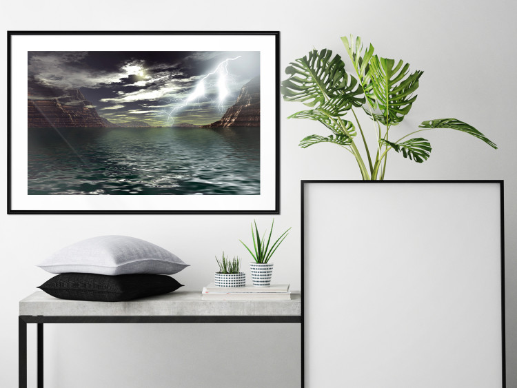 Wall Poster Storm over the Lake - landscape of lightning from the sky over water with mountains in the background 123480 additionalImage 4