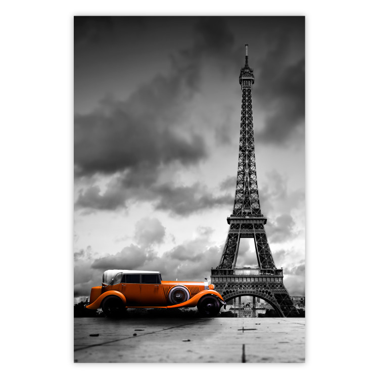 Poster Orange Car - photograph of vehicle against Eiffel Tower and sky 123880