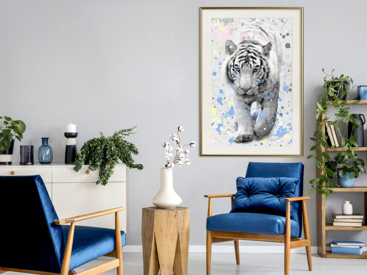 Wall Poster White Tiger - tropical animal on background of colorful watercolor dots 127880 additionalImage 24