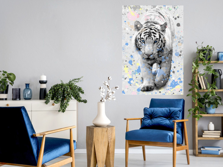 Wall Poster White Tiger - tropical animal on background of colorful watercolor dots 127880 additionalImage 3