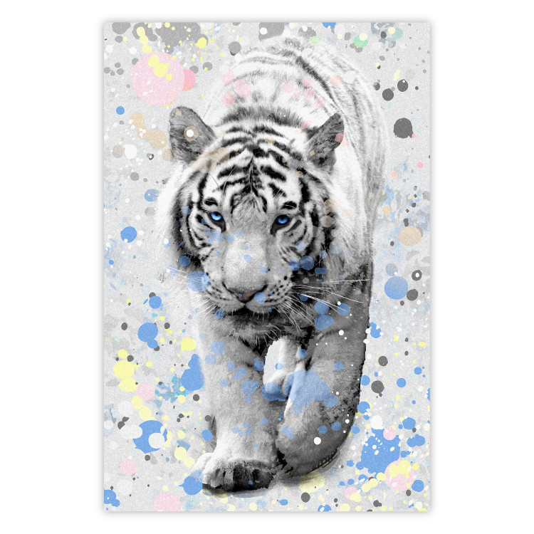 Wall Poster White Tiger - tropical animal on background of colorful watercolor dots 127880