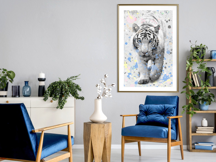 Wall Poster White Tiger - tropical animal on background of colorful watercolor dots 127880 additionalImage 23