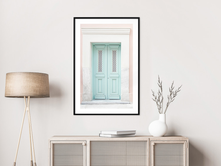 Poster Minty Invitation - turquoise door against pastel architecture background 129480 additionalImage 23